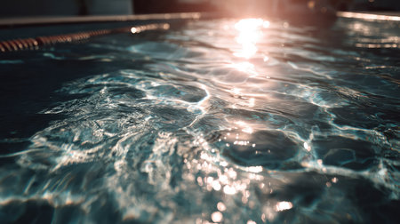 Captivating image of sunlight shimmering on a water surface in a swimming pool, featuring gentle waves and natural reflections that evoke a sense of calm and relaxation.の素材