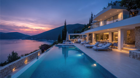 Stunning luxury villa at sunset by the bay, featuring an infinity pool, stylish lounge area, and breathtaking views with a serene atmosphere perfect for relaxation or vacation.の素材