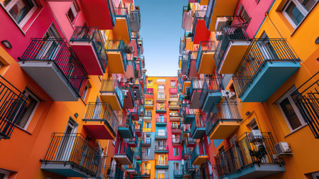 A captivating view of colorful apartment buildings featuring vibrant balconies, designed for modern urban living, reflecting a lively and artistic city atmosphere.の素材