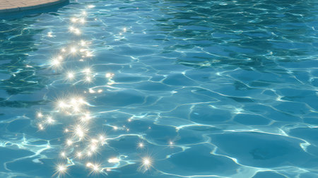 A vibrant image capturing the sparkling surface of a swimming pool, showcasing crisp blue water that invites relaxation and refreshment under the warm sunlight.の素材