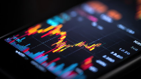 A detailed close-up of a mobile trading application showcasing vibrant stock market analysis charts, perfect for capturing the essence of financial technology and investment trends.の素材