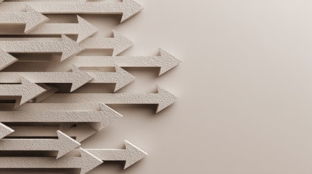 This abstract image features textured arrows pointing in one direction, set against a soft beige background. It symbolizes progression, focus, and clean design aesthetics.の素材