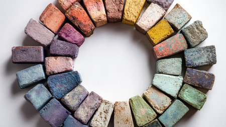 A vibrant display of colorful chalk pieces arranged in a circular pattern, perfect for enhancing creative projects or educational materials focused on art and design.の素材