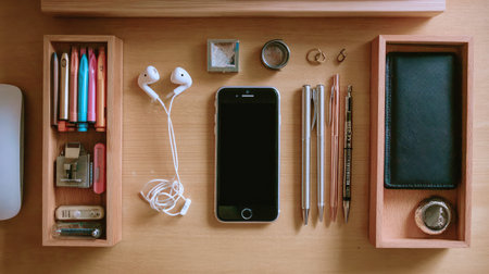 This overhead view of a minimalistic workspace features stationery items, a smartphone, and earphones arranged neatly on a wooden desk, perfect for inspiring creativity and productivity.の素材