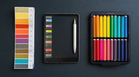 A vibrant arrangement of art supplies, featuring color swatches, a digital tablet, and vibrant markers, perfect for creative projects and design inspiration in modern settings.の素材
