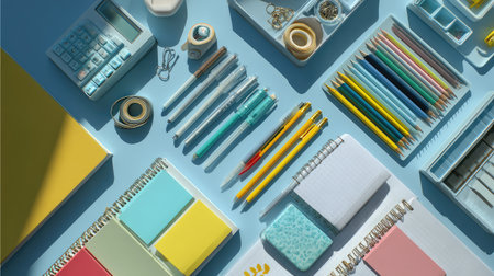 A beautifully arranged collection of stationery items including colorful notebooks, pens, and paper clips set against a soothing blue background, showcasing organization and creativity.の素材
