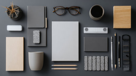 A modern minimalist workspace flatlay featuring stationery, glasses, and accessories, designed to inspire creativity and productivity in any office setting.の素材