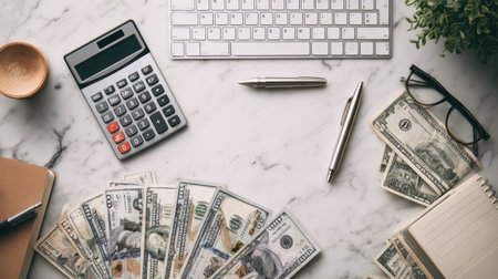 A clean and organized workspace showcasing money, a calculator, and stationery, ideal for themes of finance, planning, and productivity in business environments.の素材