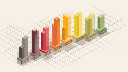 This isometric bar graph showcases vibrant colors to illustrate data comparisons, ideal for presentations, reports, and analytical purposes in various professional fields.の素材
