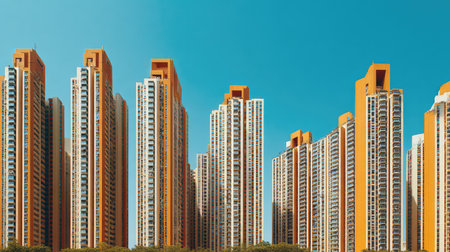 A stunning view of tall residential buildings in an urban landscape under a clear blue sky, highlighting modern architecture and vibrant colors in a dynamic city environment.の素材