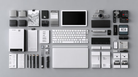An organized and stylish workspace featuring modern technology and stationery essentials, perfect for creative professionals seeking inspiration and productivity in a clean environment.の素材
