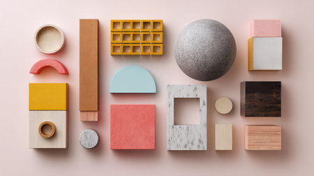 A vibrant display of geometric shapes and textures on a soft pink background. Ideal for artistic and creative projects, showcasing modern design elements.の素材