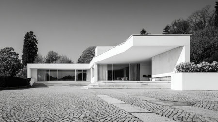 A stunning example of modern architecture featuring a minimalist white house set against a tranquil landscape, showcasing elegant design and a peaceful atmosphere.の素材