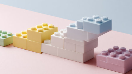 A playful arrangement of colorful building blocks in soft pastel shades, perfect for educational purposes and creative play, enhancing imagination and visual appeal in any setting.の素材