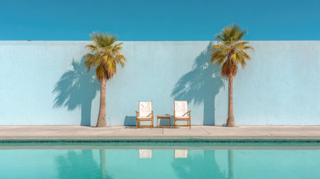 Enjoy a tranquil scene featuring a swimming pool with lounge chairs and palm trees against a bright blue wall, perfect for a summer getaway or relaxation.の素材