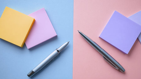 Bright and colorful stationery featuring sticky notes and a pen on a contrasting pastel background, perfect for enhancing office organization and creative workspaces.の素材
