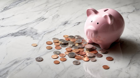A charming pink piggy bank rests atop a polished marble surface, surrounded by scattered coins, representing fundamental themes of saving and managing finances, ideal for educational or financial content.の素材