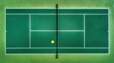 An aerial perspective of a vibrant tennis court featuring a solitary yellow ball on the green surface, emphasizing the lines and net, ideal for sports imagery.の素材