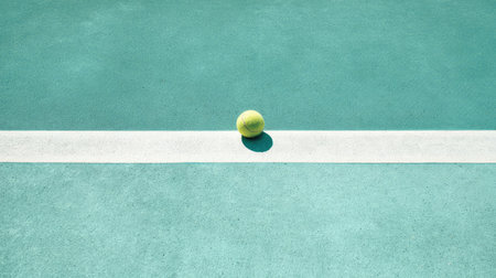 A solitary yellow tennis ball poised on a white court line against a striking turquoise background captures the spirit of sport and dedication. Ideal for dynamic imagery.の素材