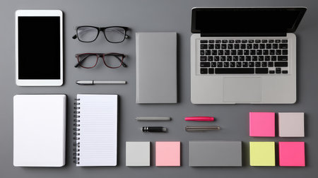 A neatly arranged workspace featuring a laptop, tablet, glasses, notebooks, and colorful sticky notes, ideal for inspiring creativity and productivity in educational or professional settings.の素材