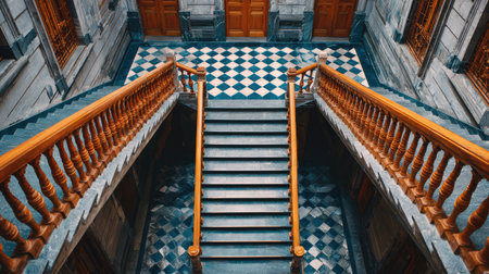 Discover the exquisite beauty of a historic building's interior, featuring an elegant staircase and stunning tile flooring in captivating patterns that evoke timeless charm.の素材