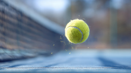 A vibrant yellow tennis ball is captured mid-air above a blue court, showcasing the excitement and dynamic nature of the sport. Perfect for sports enthusiasts and promotional materials.の素材