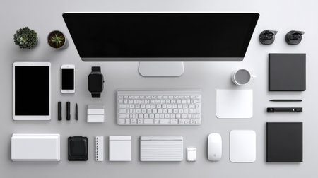 A serene and organized workspace showcasing modern technology and essential office supplies, ideal for creative professionals seeking inspiration and productivity.の素材