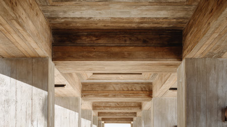 This image captures a harmonious blend of wooden beams and concrete elements, emphasizing modern architecture's aesthetic and inviting nature in a spacious environment.の素材