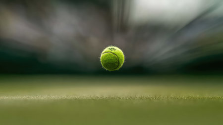 A vibrant tennis ball suspended in motion above a grass court, showcasing the thrilling energy of a game. Perfect for sports enthusiasts and action photography lovers.の素材