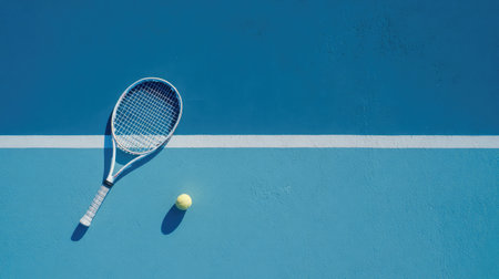 A tennis racket rests next to a yellow ball on a striking blue court, symbolizing active sports and summer leisure. Perfect for promoting fitness and outdoor activities.の素材