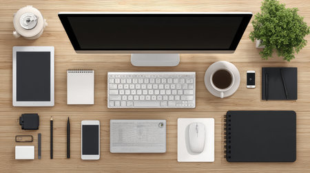 A modern workspace featuring a computer, notepad, and coffee cup arranged neatly on a wooden table. Ideal for inspiring creativity and productivity in a minimalist design.の素材