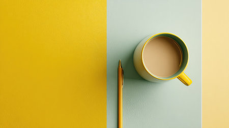 This visually appealing flat lay features a coffee cup and a pencil against a bright yellow and blue backdrop, perfect for modern workspace themes and creative inspiration.の素材