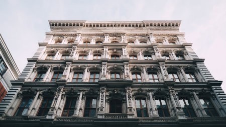 Stunning view of an ornate historic building facade highlighting intricate architectural details, perfect for projects related to urban design, heritage, and aesthetics.の素材