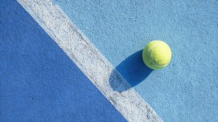 A vibrant yellow tennis ball rests on a textured blue court surface, casting a shadow that emphasizes its round shape, creating a lively scene of sports and activity.の素材