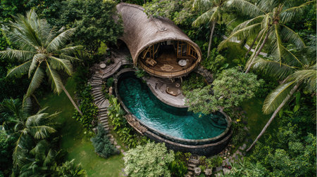 Explore a peaceful tropical retreat featuring unique bamboo architecture, surrounded by vibrant greenery and a stunning pool, perfect for relaxation and rejuvenation in nature.の素材