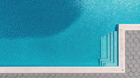 Experience a vibrant aerial view of a sparkling blue swimming pool, showcasing clear water and inviting steps, perfect for leisure and relaxation in sunny outdoor settings.の素材