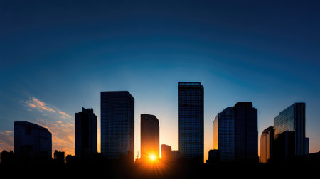 A stunning skyline silhouette captures the moment of sunrise, revealing modern buildings in warm golden and cool blue hues, creating a serene urban landscape aesthetic.の素材