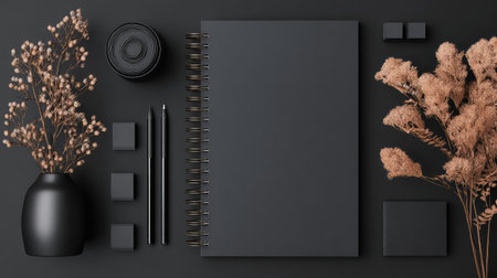 A stylish workspace showcasing a black notebook and dried flowers, arranged in a minimalistic style with elegant stationery, perfect for creative individuals seeking inspiration.の素材