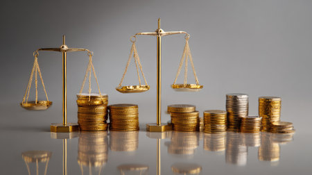 This image features golden scales of justice balanced with piles of coins, symbolizing financial equity and the importance of justice in economic matters.の素材