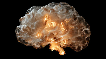 D digital brain with glowing feedback signals flowing into and out of various areasの素材