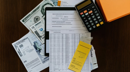 A conceptual image of managing money effectively with financial spreadsheets, a digital calculator, and tracking apps on a minimalist desk with plenty of copy space.の素材