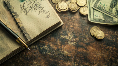 A flat lay of a money management concept featuring a notebook with handwritten budget plans, a pen, and financial reports for organizing personal finances.の素材