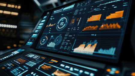Abstract visualization of financial planning, with organized graphs, financial indicators, and data symbols on a digital screen showing investment strategiesの素材