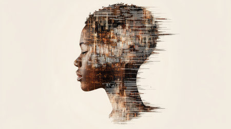 Abstract human head silhouette made of digital pixels and data lines on clean backgroundの素材