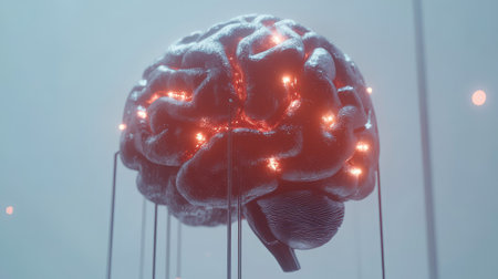 AI brain composed of metal and lights hovering over white surface, modern symbolic design with spaceの素材