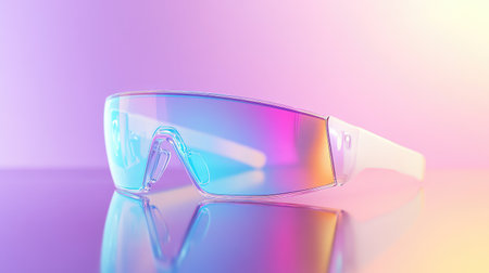 Bright AR glasses on a pastel surface with reflections, future tech symbolizing discovery and delightの素材