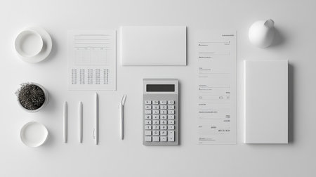 A minimalist workspace with organized financial tools, including a calculator, income-expense sheet, and financial reports, symbolizing structured money management.の素材