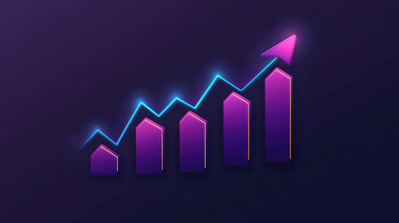 A futuristic graph with upward trends and glowing data points, symbolizing positive financial growth and investment potential in a digital spaceの素材