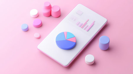 An abstract money management concept with pie charts, graphs, and financial growth indicators on a sleek digital device, with ample space for creative copy.の素材
