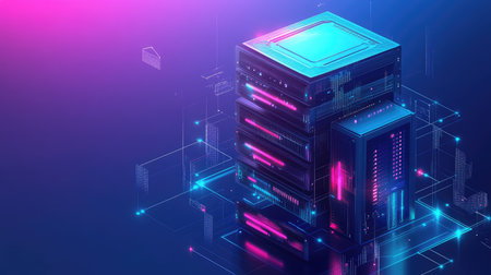 Cloud storage server connected with floating data icons, clean tech concept with room for designの素材